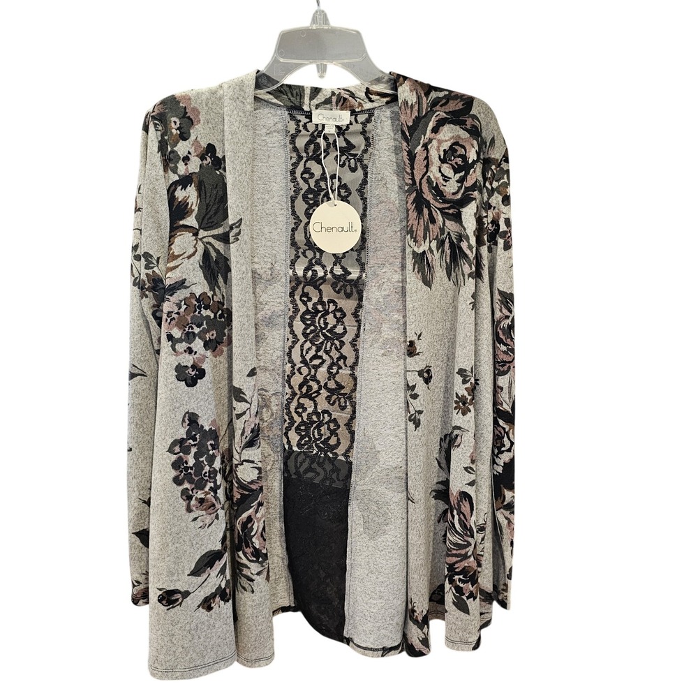 Chenault Gray Lace Floral Open Front Cardigan NWT